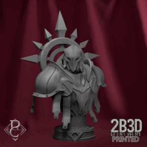 Turntable render of Thakron Bust, showing upper torso and armor details, designed by Parasite Collectibles and printed by 2B3D Printed.