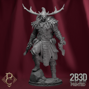 Render of Worfar miniature with base, showing detailed armor and natural pose. Created by Parasite Collectibles and printed by 2B3D Printed.