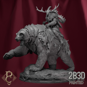 Render of Worfar and the Bear miniature with base, designed by Parasite Collectibles and printed by 2B3D Printed.