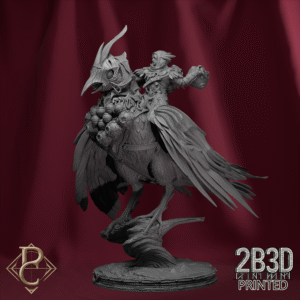 Render of Aerithrian Wind Defender mounted on Emberfinches with base, designed by Parasite Collectibles and printed by 2B3D Printed.