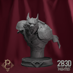 Render of Mat’Ador Wolf Bust with base, designed by Parasite Collectibles and printed by 2B3D Printed.