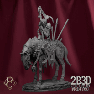 Turntable render of Custos Purgatorii riding his pale divine horse, eternal warden of the path of the dead. Designed by Parasite Collectibles and 2B3D Printed.