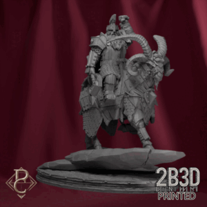 Turntable render of Stormkeeper Torbjorn mounted on his armored goat, dwarven storm guardian of the peaks. Designed by Parasite Collectibles and printed by 2B3D Printed.