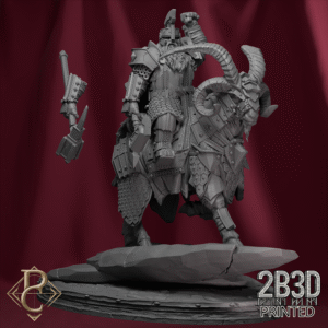 Render of Stormkeeper Torbjorn mounted on his armored goat with base, dwarven hero of the Thunder Beacon. Created by Parasite Collectibles and 2B3D Printed.