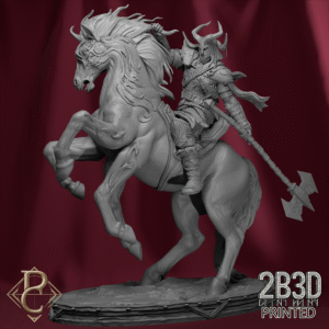 Render of Valdyr mounted on his black Sleipnir with base, divine herald of destruction. Designed by Parasite Collectibles and printed by 2B3D Printed.