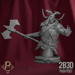 Render of Valdyr Bust with arms and base, storm-forged protector wielding divine might. Created by Parasite Collectibles and 2B3D Printed.