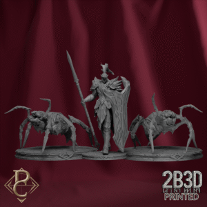 Render of Riteris Spiderbrood standing with bonded spiders Hellchitter and Murm on base. Created by Parasite Collectibles and 2B3D Printed.