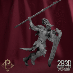 Render of Riteris Spiderbrood charging without base, knight of the Webmother. Designed by Parasite Collectibles and 2B3D Printed.