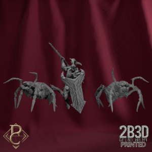 Render of Riteris Spiderbrood charging with spiders without base, dark knight of the Webmother. Designed by Parasite Collectibles and 2B3D Printed.