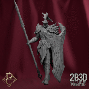 Render of Riteris Spiderbrood standing without base, knight of Shadowhelm. Designed by Parasite Collectibles and 2B3D Printed.