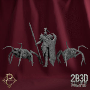 Render of Riteris Spiderbrood standing with Hellchitter and Murm without base. Designed by Parasite Collectibles and 2B3D Printed.