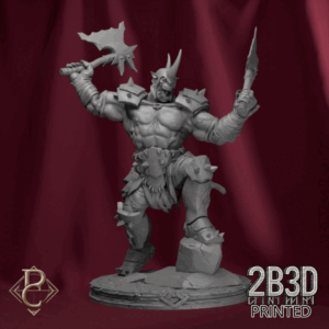Turntable render of Gorgrash the Ripper, the twin-axe orc warlord of the western plains. Designed by Parasite Collectibles and printed by 2B3D Printed.
