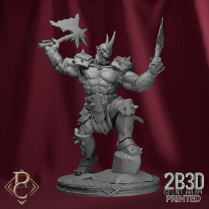 Render of Gorgrash the Ripper with base, orc warlord wielding twin axes forged for endless slaughter. Created by Parasite Collectibles and 2B3D Printed.