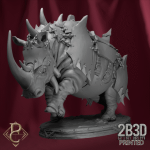 Render of the War Rhino with base, armored beast of the orc legions. Created by Parasite Collectibles and printed by 2B3D Printed.