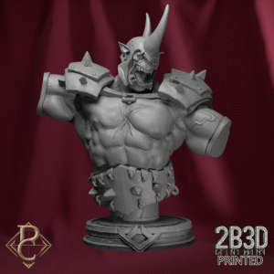 Render of Gorgrash the Ripper Bust with base, orc warlord immortalized in resin. Created by Parasite Collectibles and printed by 2B3D Printed.