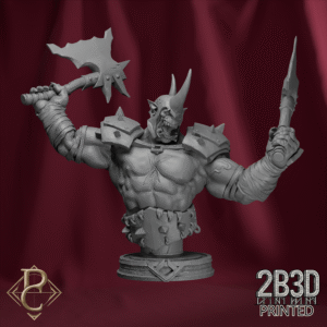 Render of Gorgrash the Ripper Bust with arms and base, twin-axe orc leader. Created by Parasite Collectibles and 2B3D Printed.