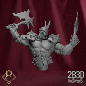 Render of Gorgrash the Ripper Bust with arms and no base, twin-axe orc of the blood plains. Designed by Parasite Collectibles and 2B3D Printed.