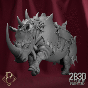 Render of the War Rhino without base, armored mount of Gorgrash the Ripper. Designed by Parasite Collectibles and printed by 2B3D Printed.