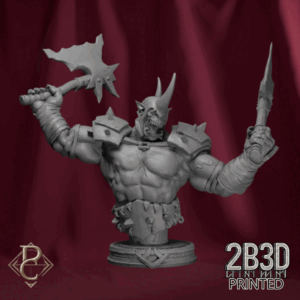 Turntable render of Gorgrash the Ripper Bust, the twin-axe orc warlord of legend. Designed by Parasite Collectibles and 2B3D Printed.