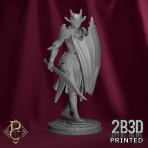 360-degree turntable video of Vaelor, a high-detail elven knight resin miniature with a curved blade and shield, sculpted by Parasite Collectibles and printed by 2B3D.
