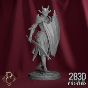 A 32mm scale resin miniature of Vaelor, an elven knight in organic, leaf-like plate armor, holding a curved blade and a large wing-shaped shield, mounted on a basic base, printed by 2B3D and sculpted by Parasite Collectibles.