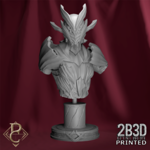 A high-detail resin miniature bust of Vaelor by Parasite Collectibles, featuring an ornate elven helm with multiple eye-slits and organic plate armor, mounted on a decorative plinth and basic base, printed by 2B3D.