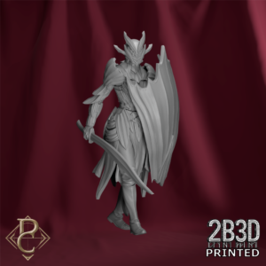 Vaelor resin tabletop miniature by Parasite Collectibles, featuring detailed organic armor, a curved sword, and a tall shield, supplied without a base, printed by 2B3D.