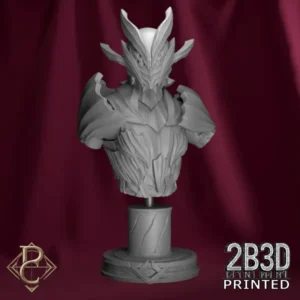 360-degree turntable view of the Vaelor resin bust by Parasite Collectibles, featuring detailed elven knight armor and a multi-eyed helm, printed by 2B3D.