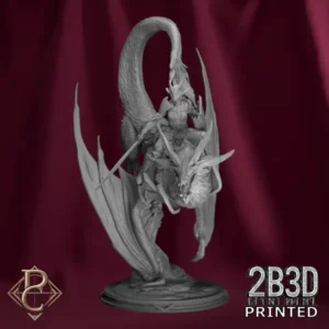 360-degree turntable view of Vaelor on Skyrend, a 32mm scale resin miniature by Parasite Collectibles, featuring an elven spearman on a dragon, printed by 2B3D.