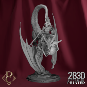 A high-detail resin 32mm miniature of Vaelor, an elven knight with a spear, riding Skyrend, a feathered dragon, mounted on a circular basic base, printed by 2B3D and sculpted by Parasite Collectibles.
