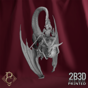Vaelor on Skyrend 32mm resin miniature without base, featuring an elven rider with a spear and a long-necked feathered dragon, printed by 2B3D.