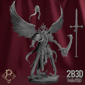 3D render of Reel the Descended with full assembly, base, and interchangeable hands and heads from the Divine Conflict Kickstarter.