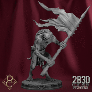 3D render of the Ghoul Standard Bearer miniature on scenic base from the Flesh Campaign.