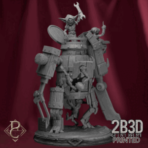 3D render of the Wood Gear Goblin, a chaotic goblin-built war machine powered by steam and madness from Parasite Collectibles and 2B3D Printed.