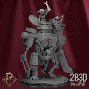 3D render of the Wood Gear Goblin miniature standing on a scenic mechanical base from Parasite Collectibles and 2B3D Printed.