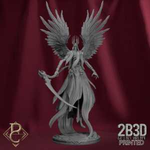3D render of Azarethiel, Seraph of the Final Veil miniature with scenic celestial base, showing wings of obsidian light and the Scythe Vespera.