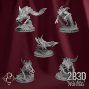 3D render of Deep Stalkers miniature set from the Queen Zyiara Kickstarter, depicting abyssal hunters of the drowned realm.