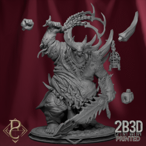 3D render of Avatar of Necrosis (Corrupted) miniature with scenic base, featuring extended hands and horns, from the Welcome Pack by Parasite Collectibles and 2B3D Printed.