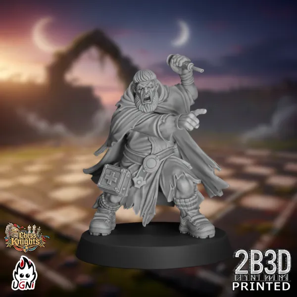 360-degree turntable view of the Chess Knights Apothecary, a 32mm high-detail resin fantasy football miniature by Ugni Miniatures printed by 2B3D, depicting a knightly medic figure with detailed robes and medical equipment.