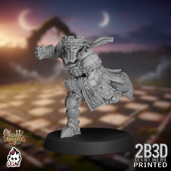 360-degree turntable view of the Chess Knights Blitzer 02, a 32mm high-detail resin fantasy football miniature by Ugni Miniatures printed by 2B3D, featuring a distinct dynamic pose and knightly armour details.