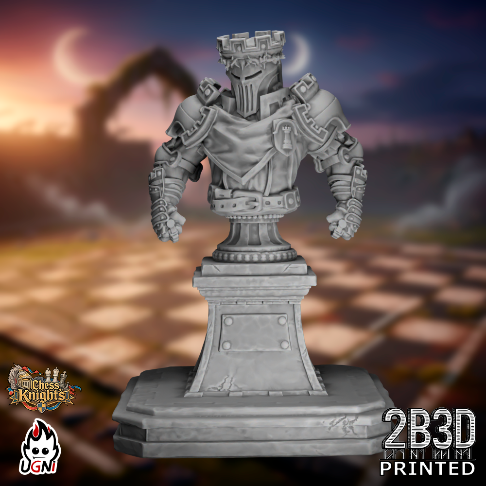 Static product image of the Chess Knights Blitzer Bust with big base, a high-detail resin bust miniature by Ugni Miniatures printed by 2B3D, mounted on a large display base for shelf presentation.