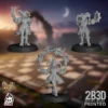 360-degree turntable view of the Chess Knights Cheerleader set, high-detail resin fantasy football miniatures by Ugni Miniatures printed by 2B3D, showing the full cheerleader trio from every angle.