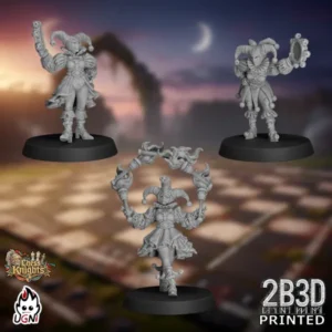 360-degree turntable view of the Chess Knights Cheerleader set, high-detail resin fantasy football miniatures by Ugni Miniatures printed by 2B3D, showing the full cheerleader trio from every angle.