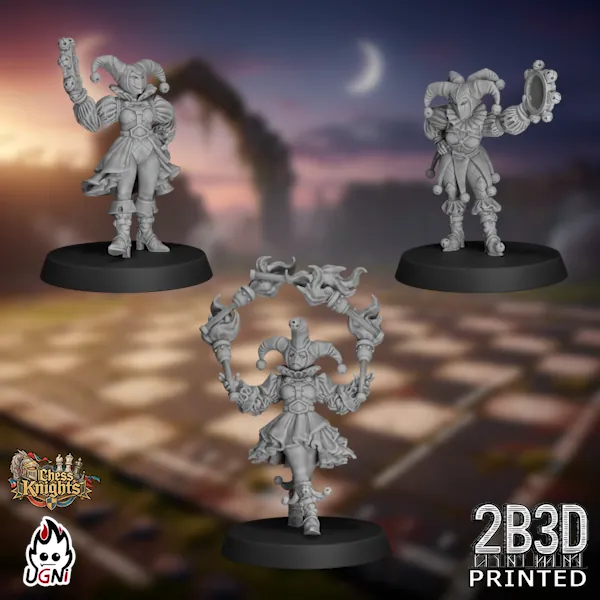 360-degree turntable view of the Chess Knights Cheerleader set, high-detail resin fantasy football miniatures by Ugni Miniatures printed by 2B3D, showing the full cheerleader trio from every angle.