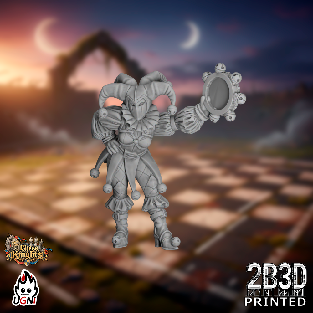 Static product image of the Chess Knights Cheerleader 02, a 32mm high-detail resin fantasy football miniature by Ugni Miniatures printed by 2B3D, featuring a distinct pose and expressive sculpt.