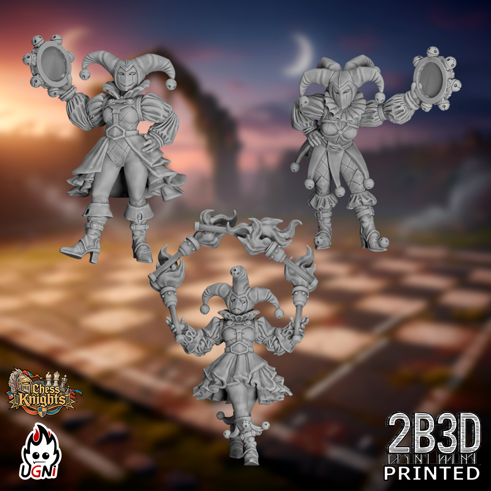 Static product image showing all three Chess Knights Cheerleader miniatures together, 32mm high-detail resin fantasy football miniatures by Ugni Miniatures printed by 2B3D, displayed as a complete sideline set.