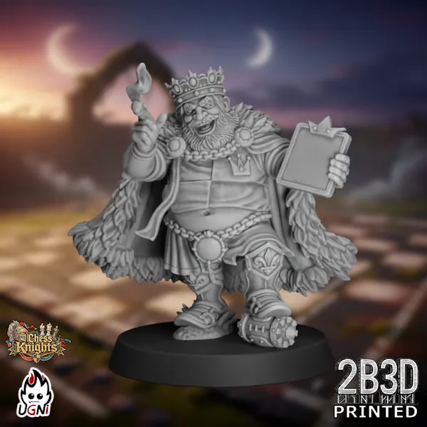 360-degree turntable view of the Chess Knights Coach, a 32mm high-detail resin fantasy football miniature by Ugni Miniatures printed by 2B3D, depicting an authoritative sideline coach figure with detailed robes and knightly attire.