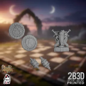 360-degree turntable view of the Chess Knights Extras set, high-detail resin fantasy football accessories by Ugni Miniatures printed by 2B3D, including balls, re-roll coins, and team markers.