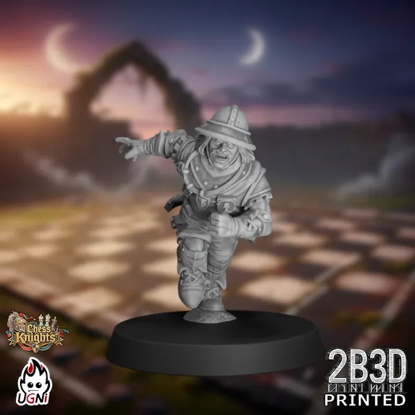 360-degree turntable view of the Chess Knights Lineman 08, a 32mm high-detail resin fantasy football miniature by Ugni Miniatures printed by 2B3D, with armoured details and a dynamic player stance.