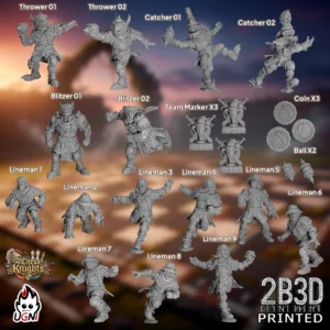 Static product image of the Chess Knights full team with extras, a complete set of 32mm high-detail resin fantasy football miniatures and accessories by Ugni Miniatures printed by 2B3D.